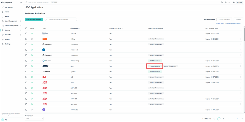 SSO Applications page with JIT Provisioning label highlighted