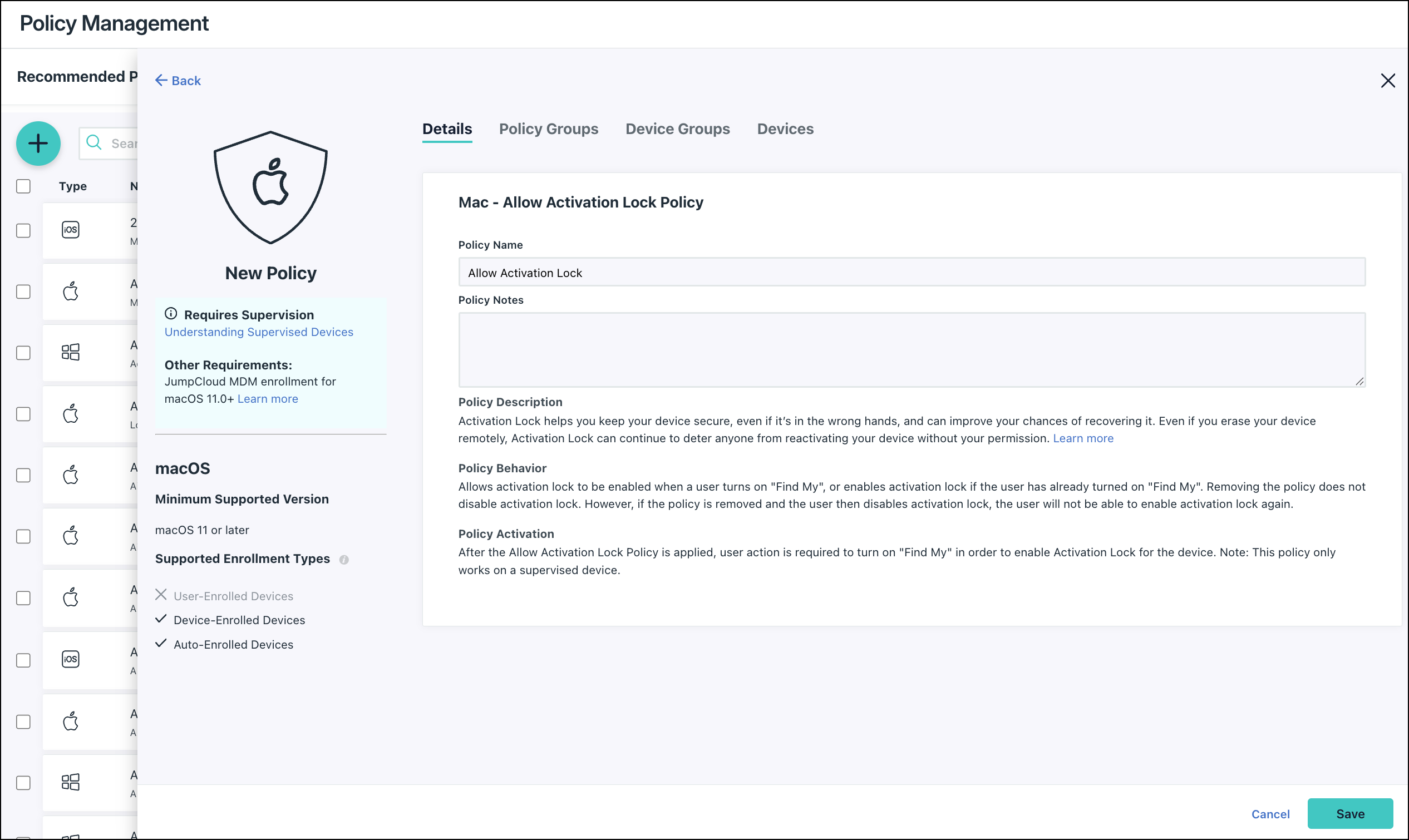 JumpCloud Policy Management screen showing the Mac - Allow Activation Lock Policy configuration with supervision and enrollment requirements listed.