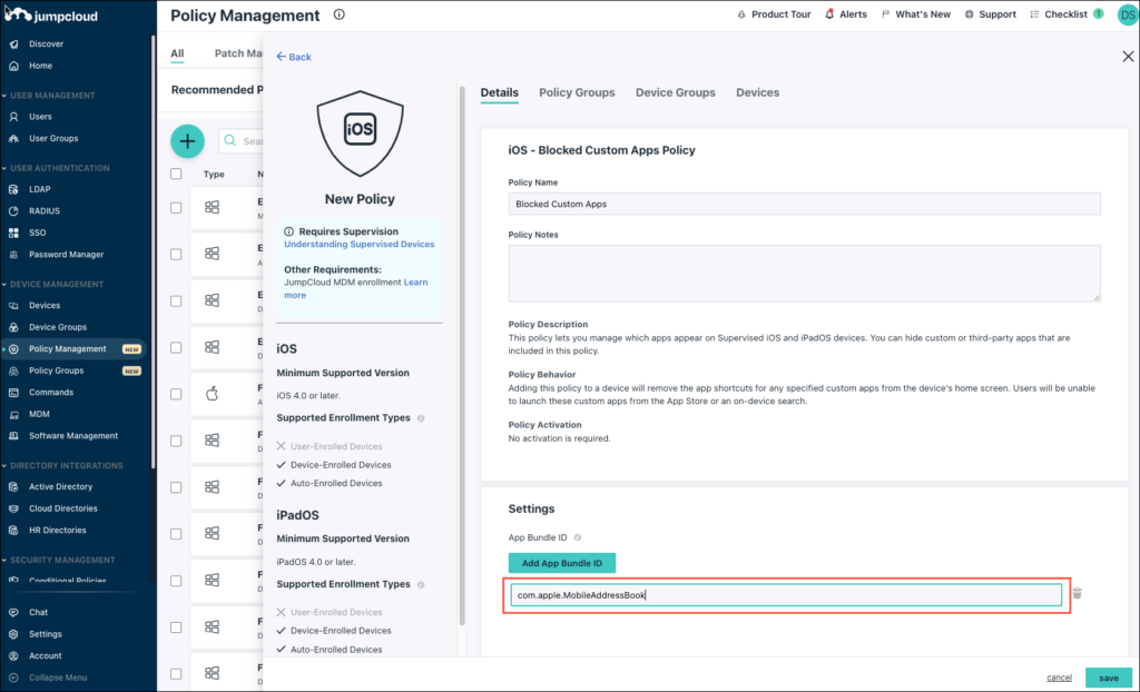 Create an iOS Blocked Apps Policy - JumpCloud