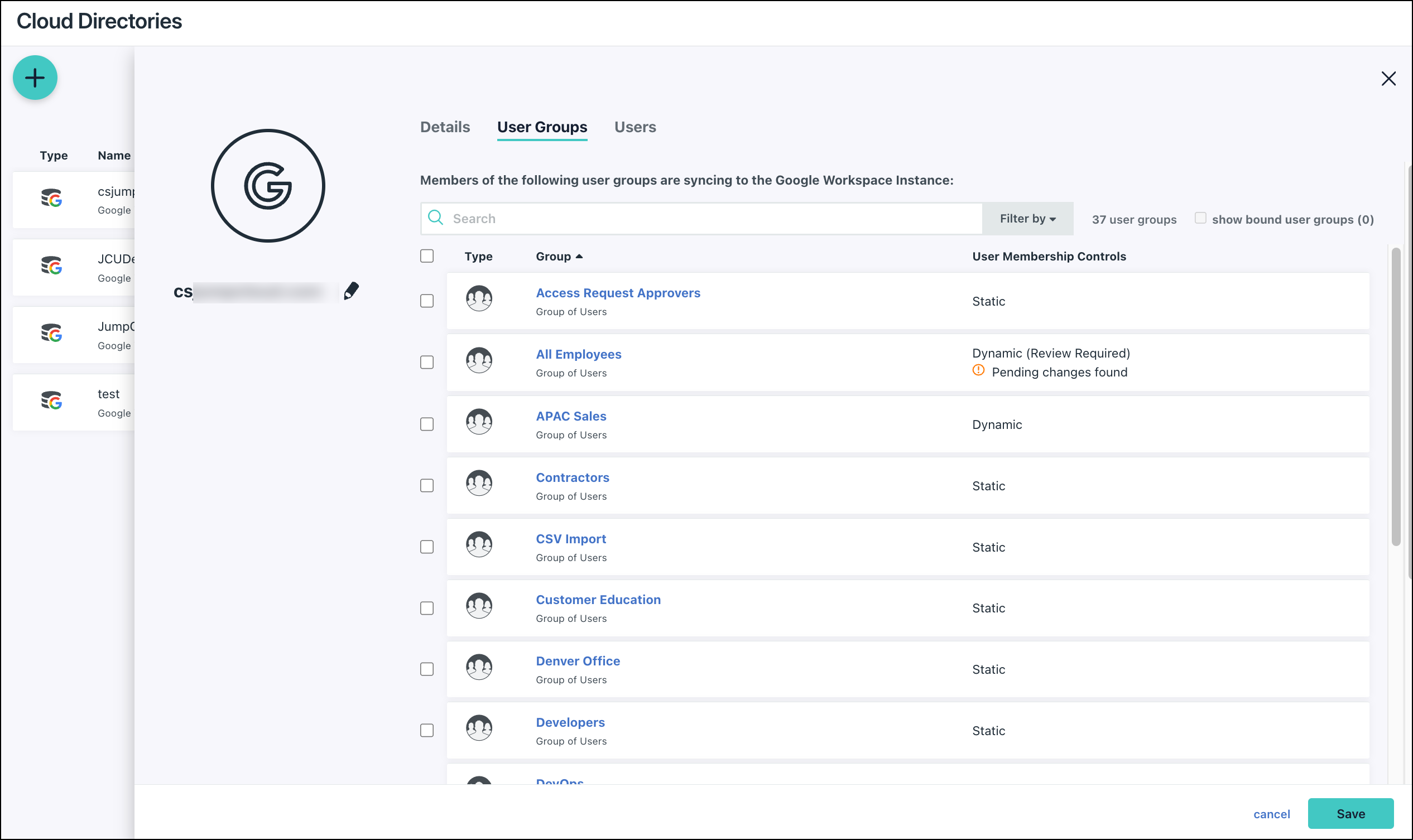 JumpCloud Cloud Directories interface showing user groups, such as "APAC Sales" and "Contractors," syncing to Google Workspace.