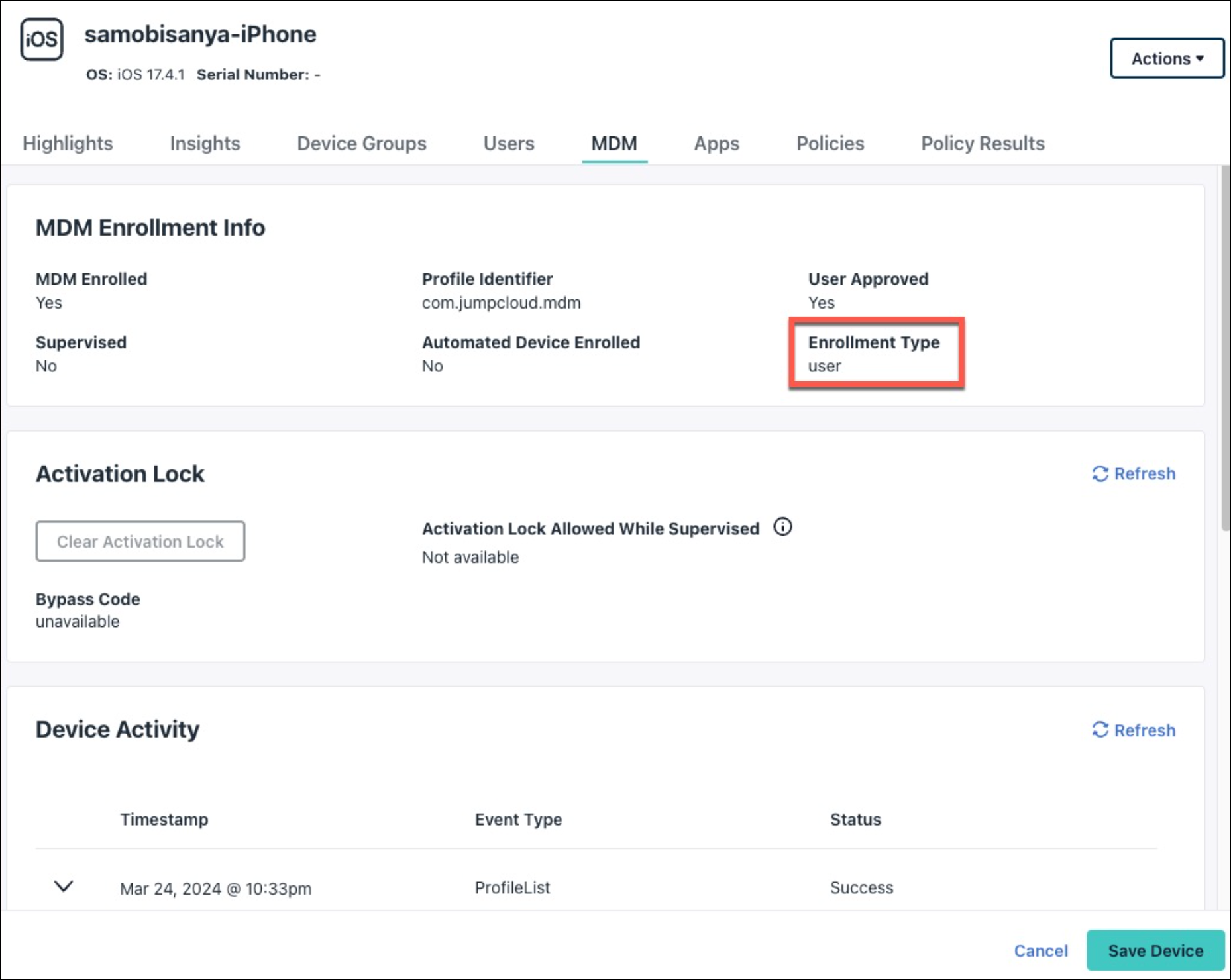 JumpCloud Admin Portal showing the MDM tab for an iOS device, with a red box highlighting that the Enrollment Type is set to "user".
