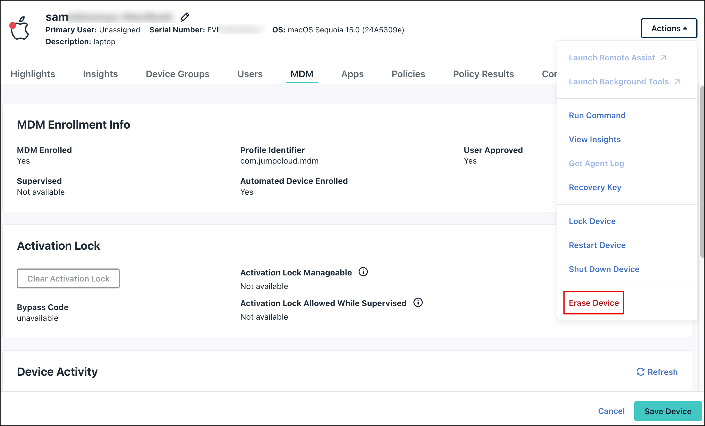 JumpCloud device page highlighting the "Erase Device" option within the Actions dropdown menu.