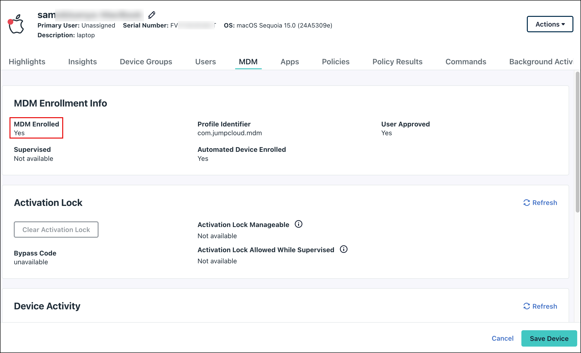 JumpCloud Admin Portal showing the MDM tab for a macOS device, highlighting the MDM Enrolled status as "Yes."