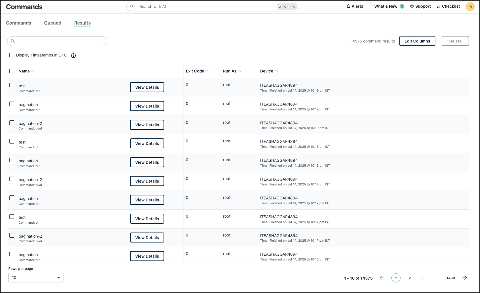The image displays the Command Results page.