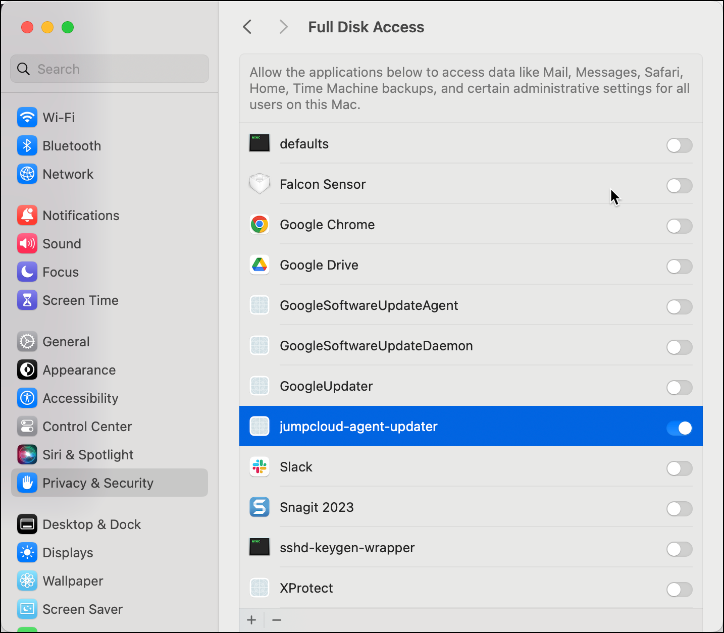 Find Full Disk Access permissions in the Apple's Privacy & Security settings