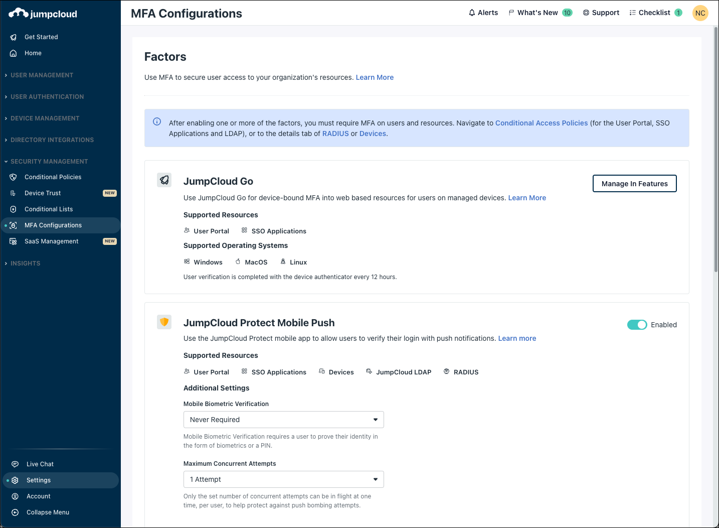 The MFA Configuration page shows that JumpCloud Protect Mobile Push is enabled by default.