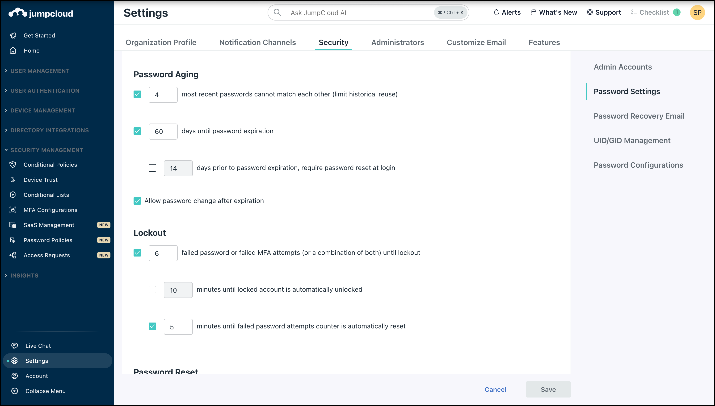 Password Aging option in Security page