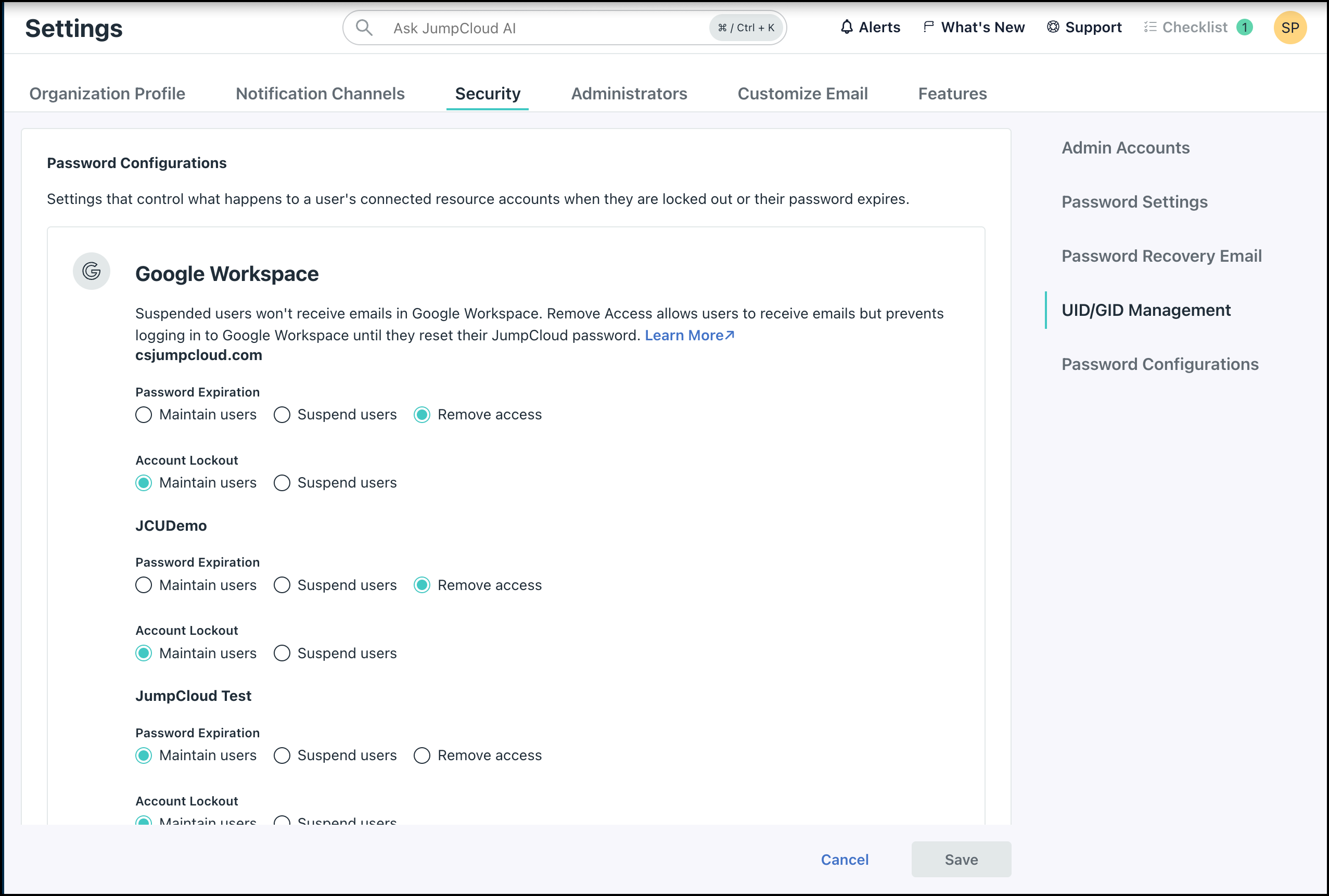 Password Configuration in Settings.