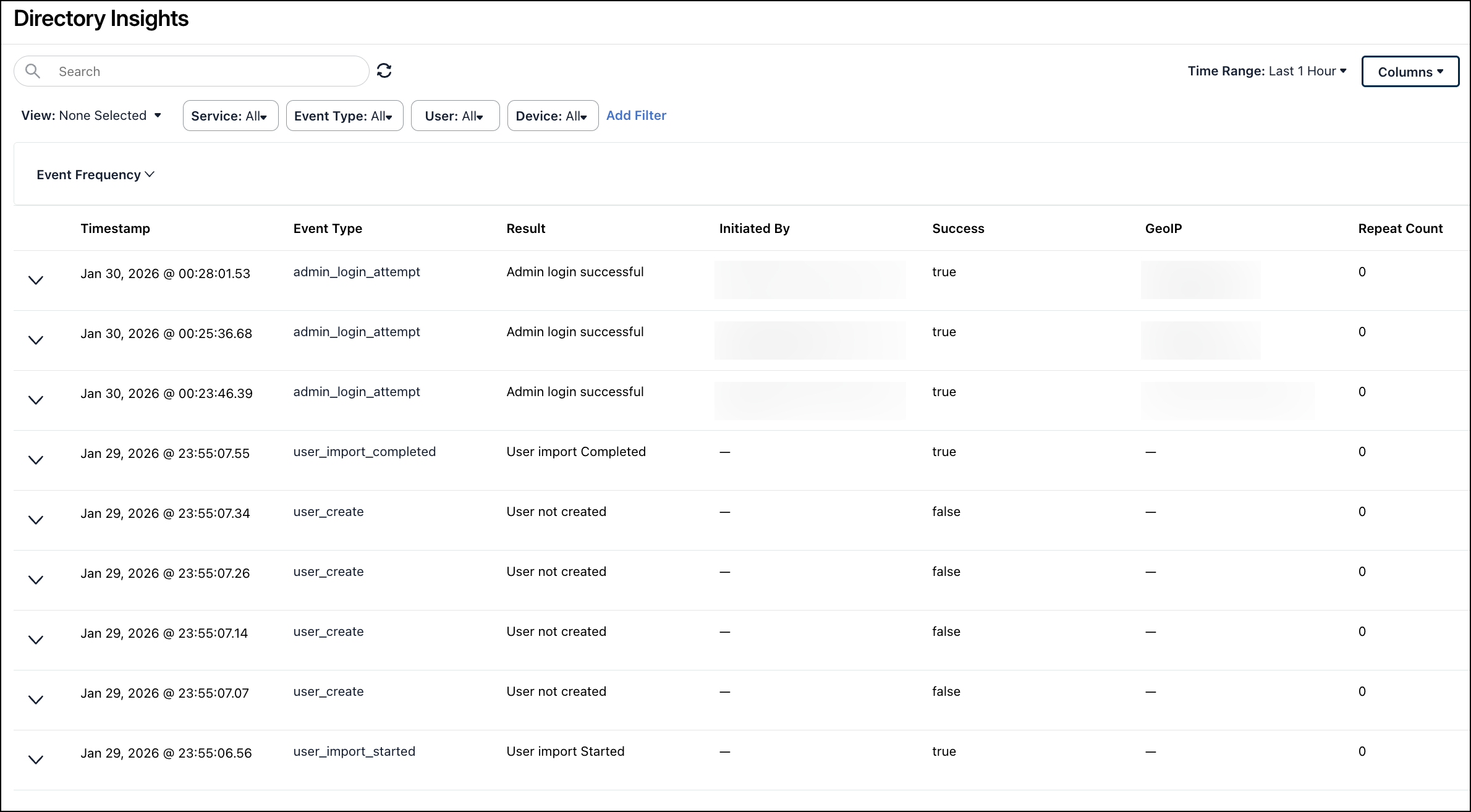 JumpCloud Directory Insights page displaying a chronological log of events with columns for Timestamp, Event Type, Result, and Success status.