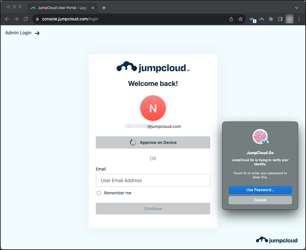 Touch ID prompt on macOS during JumpCloud Go verification.