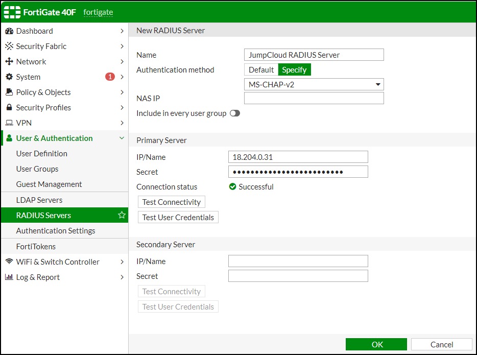 Example of RADIUS server configuration in Fortigate appliance.