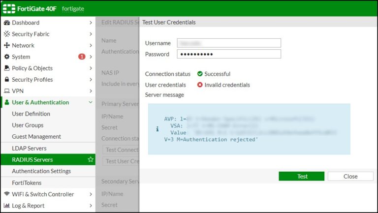 Invalid credentials error after testing user credentials in the Fortigate console.