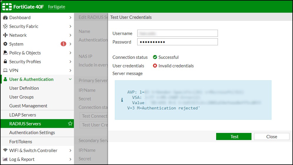 Invalid credentials error after testing user credentials in the Fortigate console.