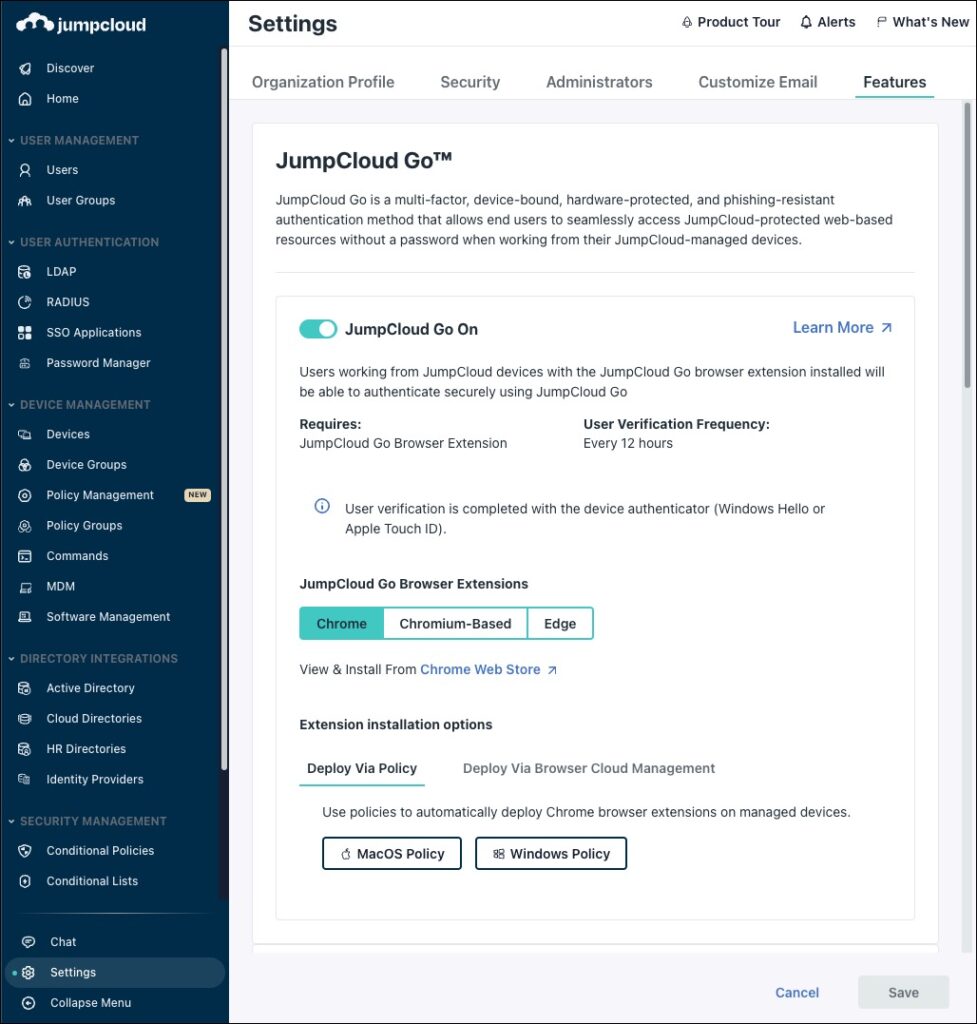 Enable JumpCloud Go in the Admin Portal > Settings > Features.