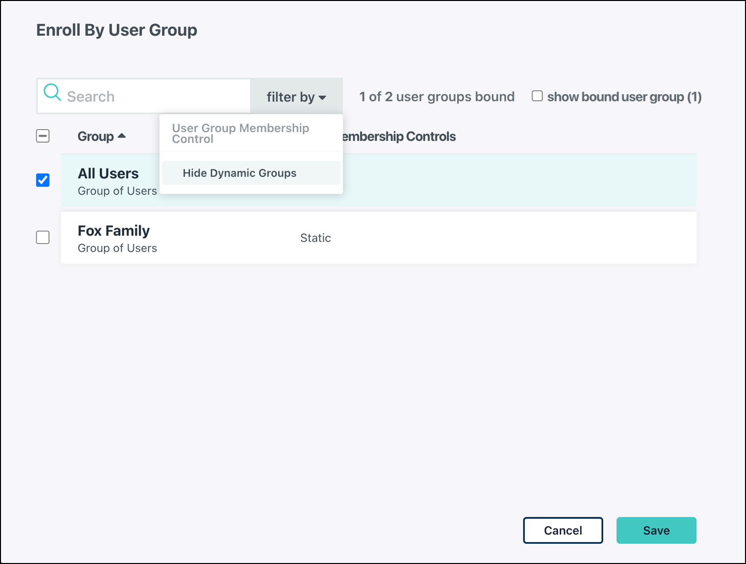 password manager enroll by user group modal with filter to hide dynamic groups