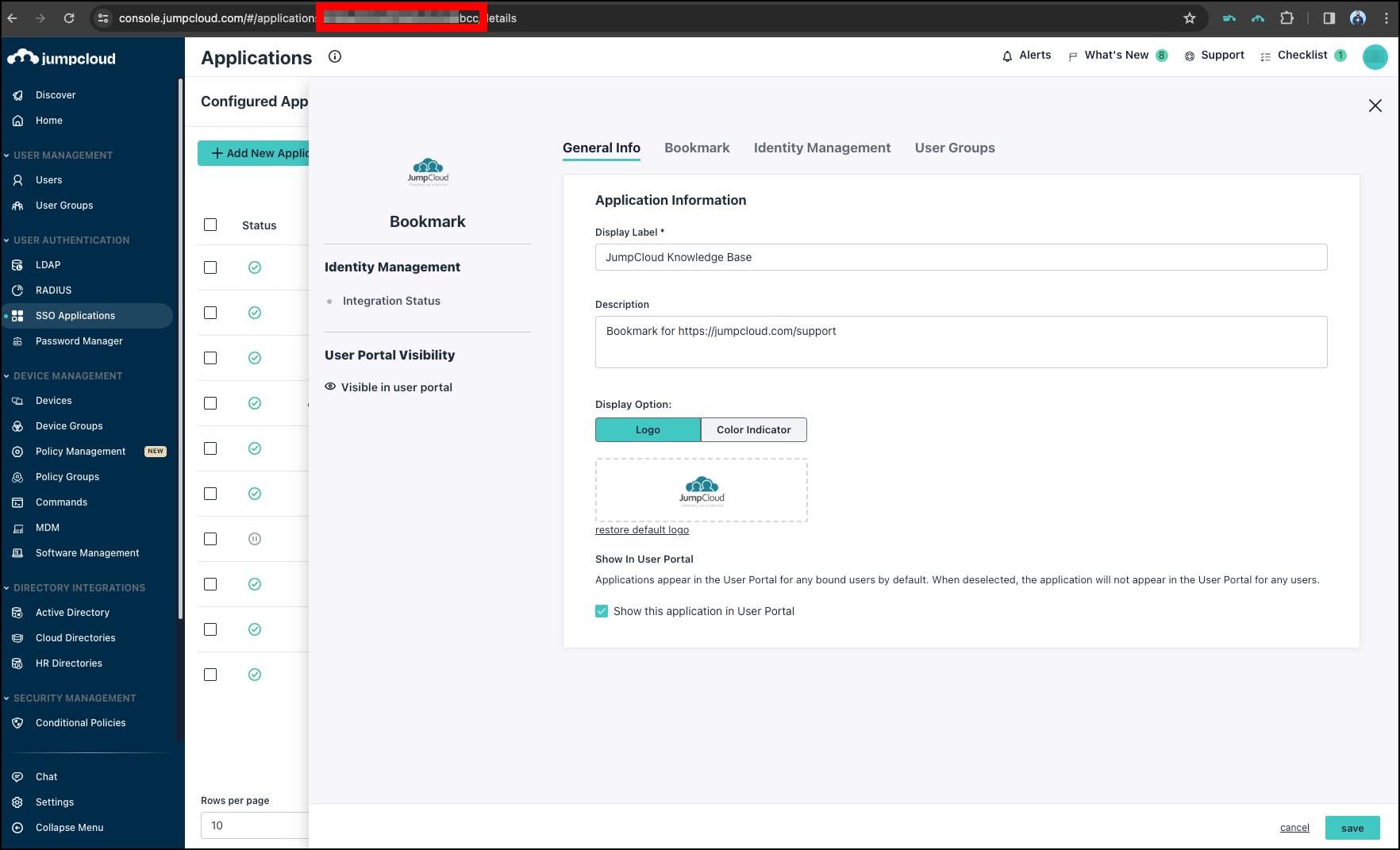 Gather the JumpCloud ApplicationID by highlighting the URL of the SSO application in the Admin Portal.