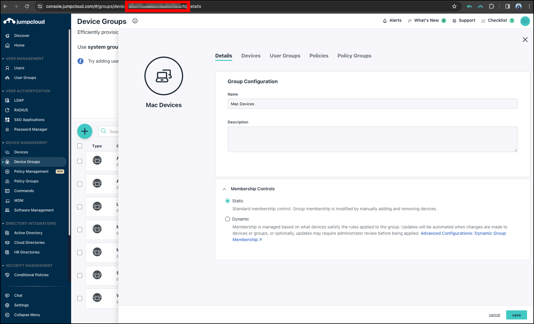 Gather the JumpCloud Device Group ID by highlighting the URL of the device group in the Admin Portal.