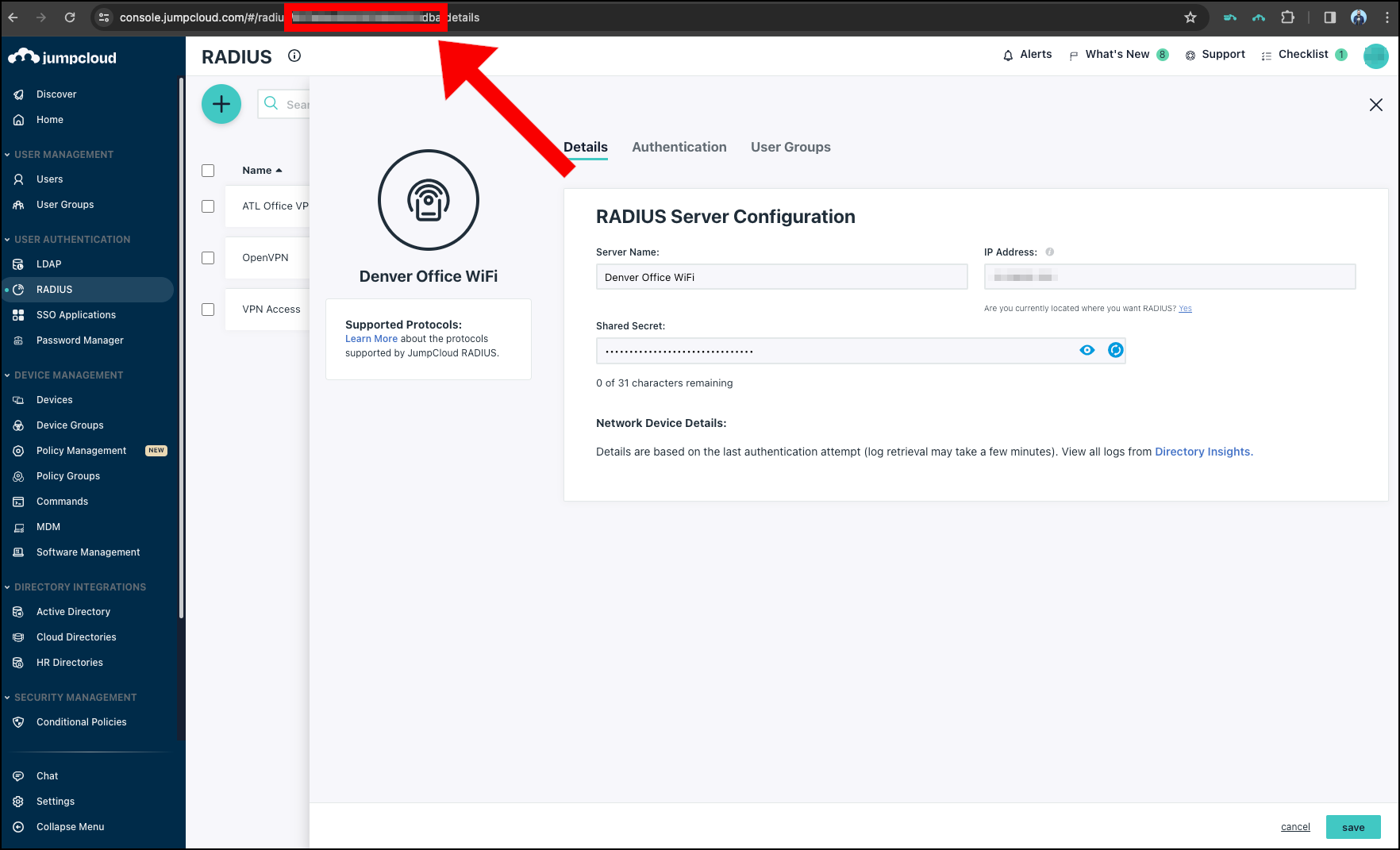 Gather the JumpCloud NetworkID by highlighting the URL of the RADIUS server in the Admin Portal.