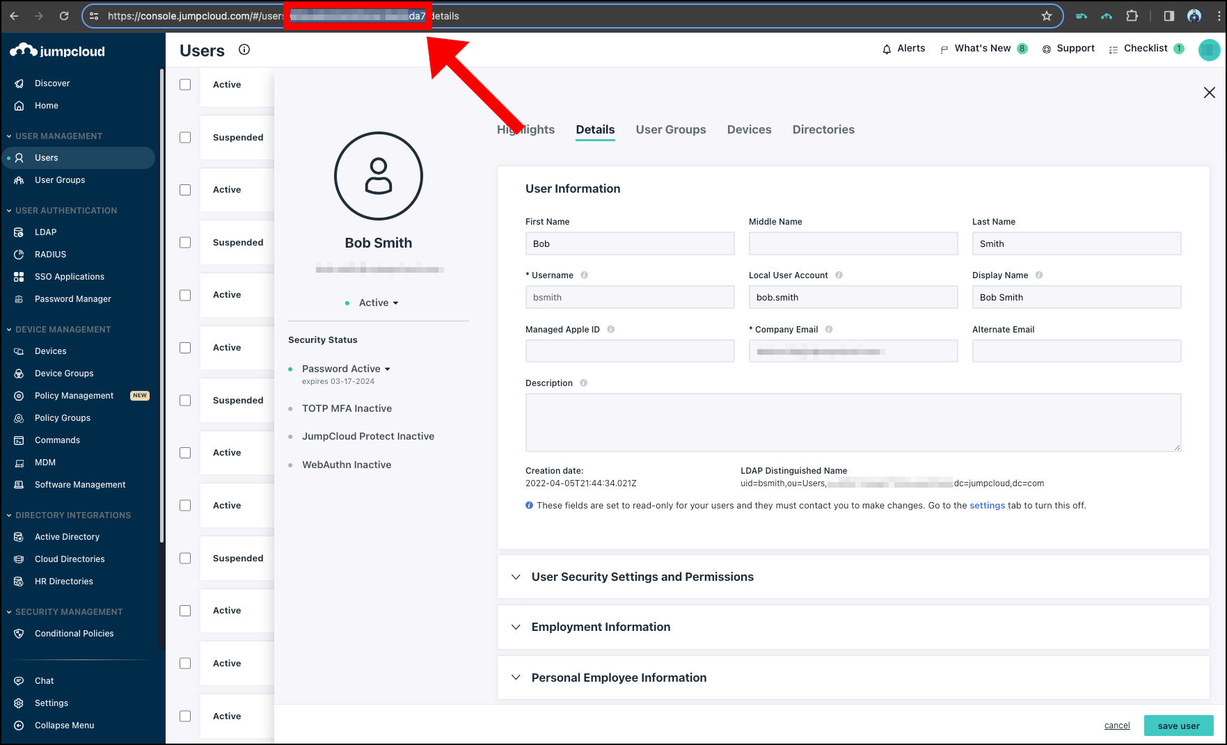 Gather the JumpCloud UserID by highlighting the URL of the user in the Admin Portal.