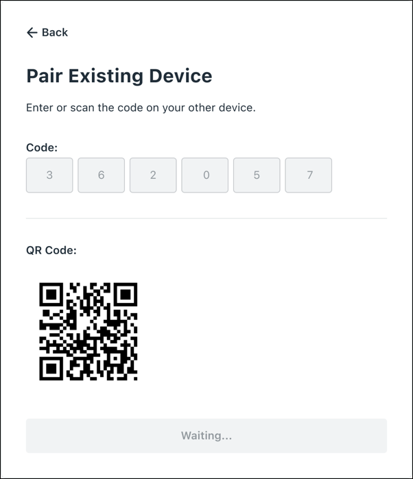 reactivation screen to enter code from other device or scan a qr code