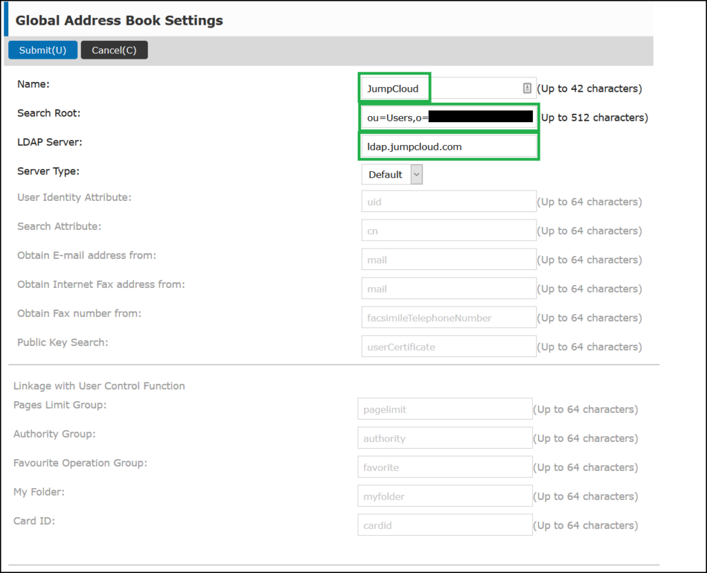 Configuring LDAP settings for JumpCloud on Sharp MFP in Global Address Book Settings.