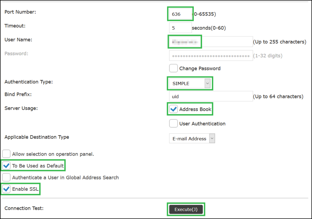 Configuring LDAP settings for JumpCloud on Sharp MFP in Global Address Book Settings (second page).