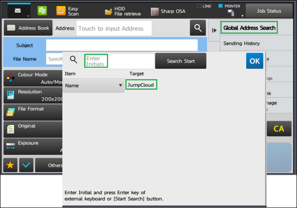 Searching the JumpCloud directory in the Sharp MFP Address Book Settings on the device.