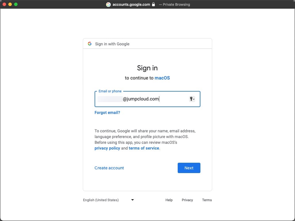Sign in to Google Workspace application on desktop Mail (macOS).