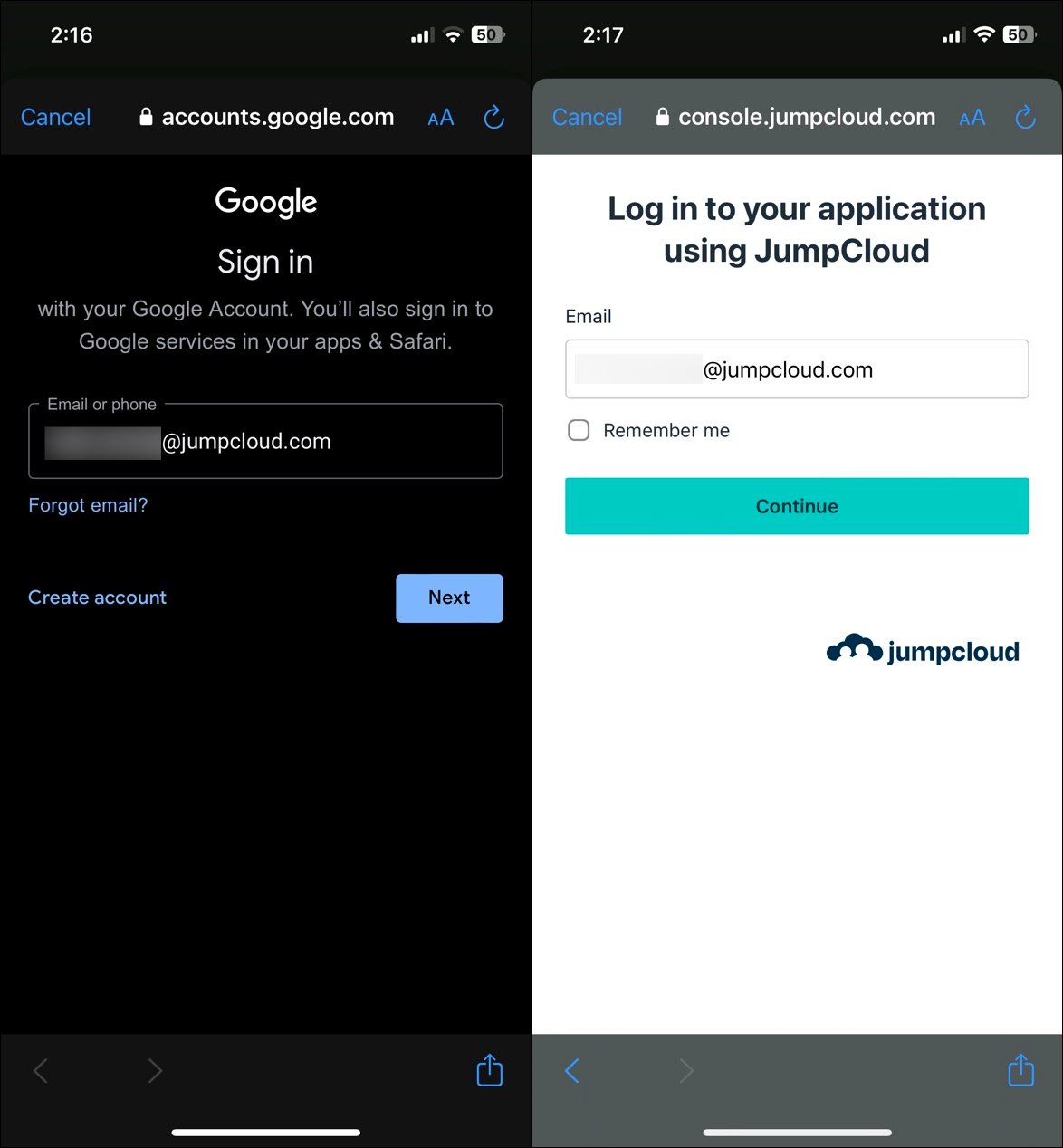 Redirected to JumpCloud SSO to sign in to Google Workspace application on mobile (iOS).