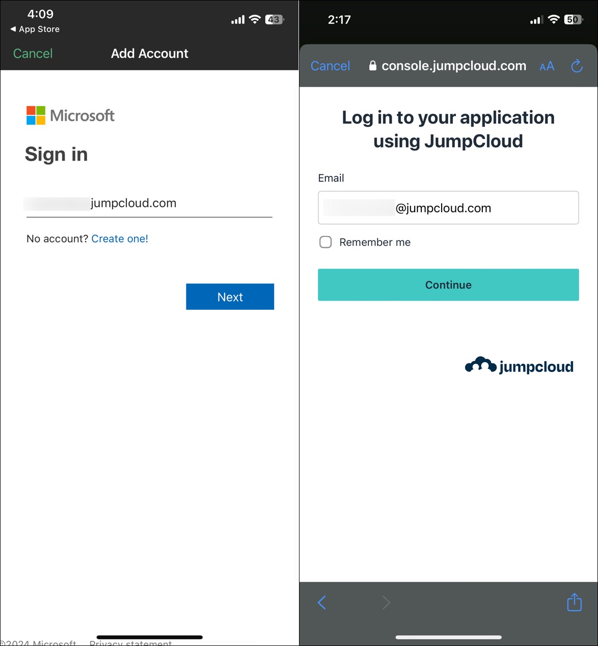 Redirected to JumpCloud SSO to sign in to O365 application on mobile (iOS).