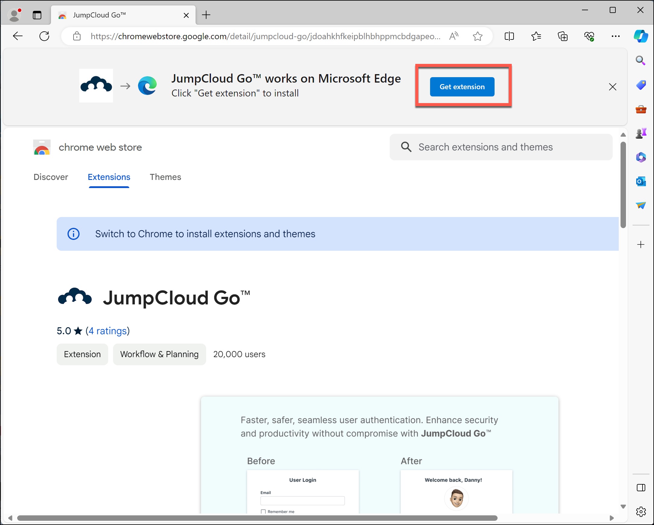 Add the JumpCloud Go extension from the Chrome web store in Microsoft Edge.