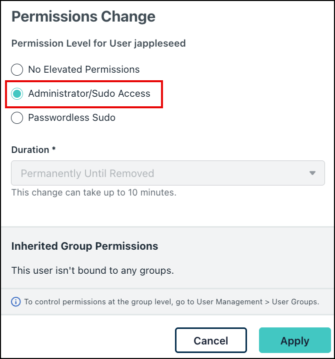 The Permissions Change modal window showing options for No Elevated Permissions, Administrator/Sudo Access, and Passwordless Sudo.