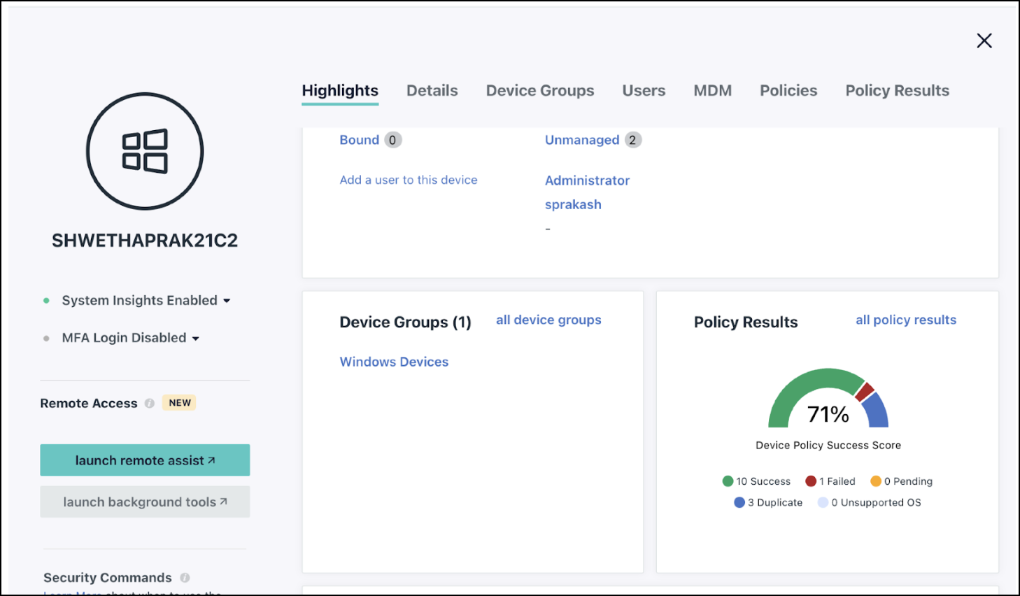 Devices page with dial chart