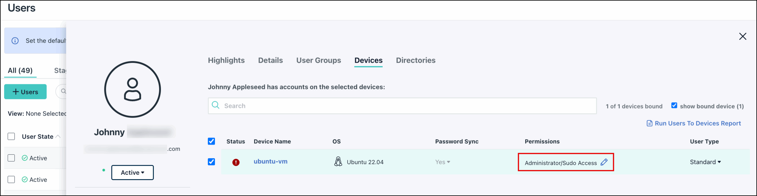 JumpCloud Users page showing the Devices tab for a specific user, with a red box highlighting the pencil icon to edit Administrator/Sudo Access permissions.