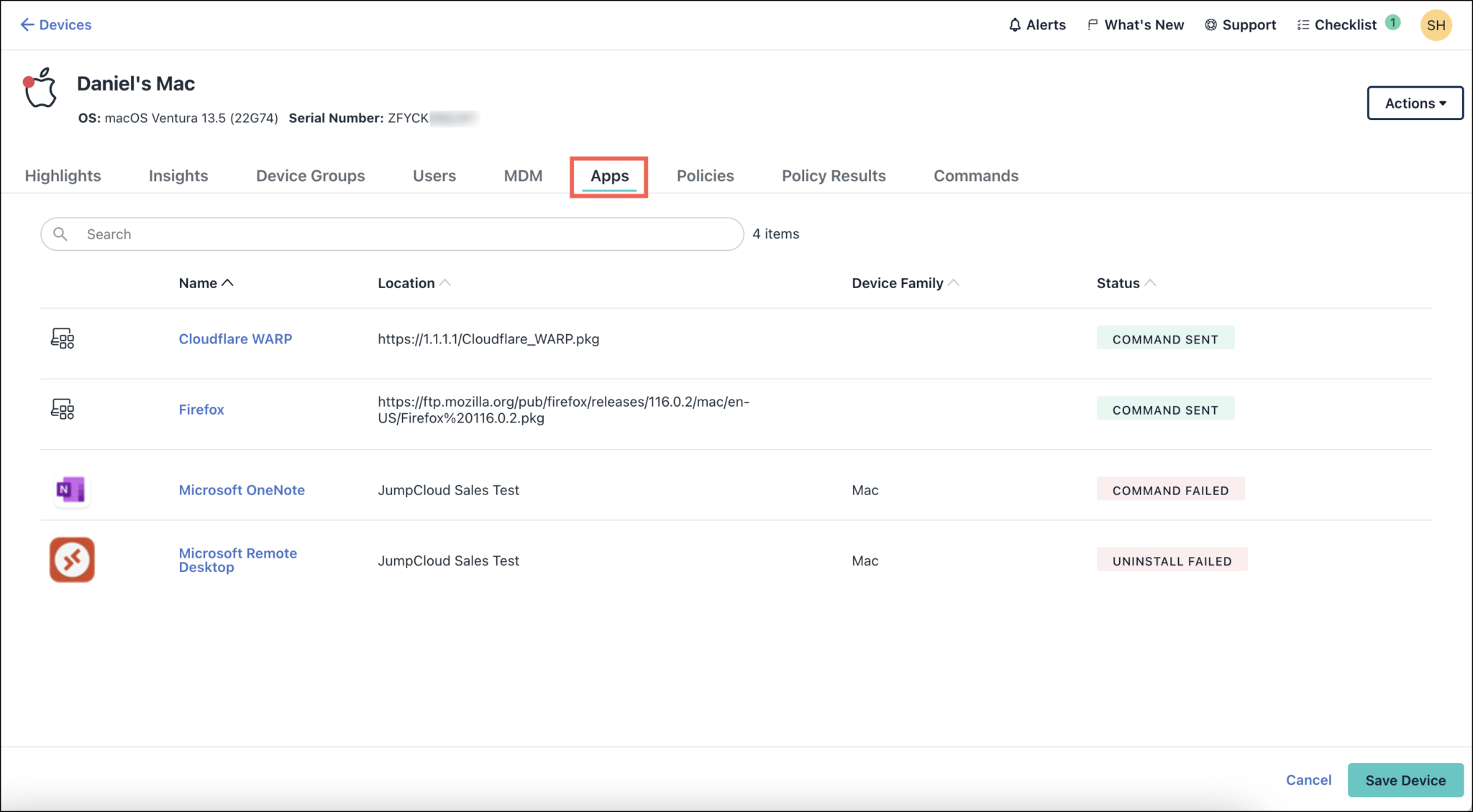 Admin Portal Devices List JumpCloud