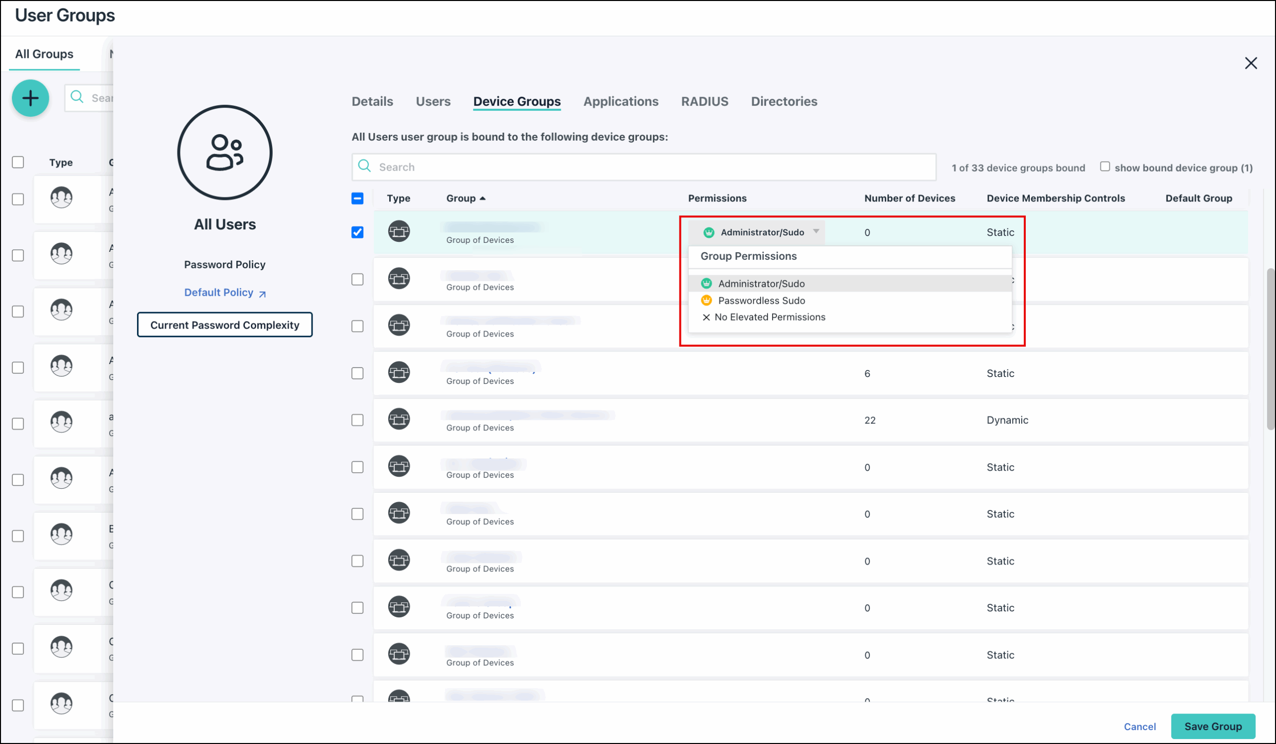 JumpCloud User Groups interface showing the Device Groups tab with the Permissions dropdown menu open.