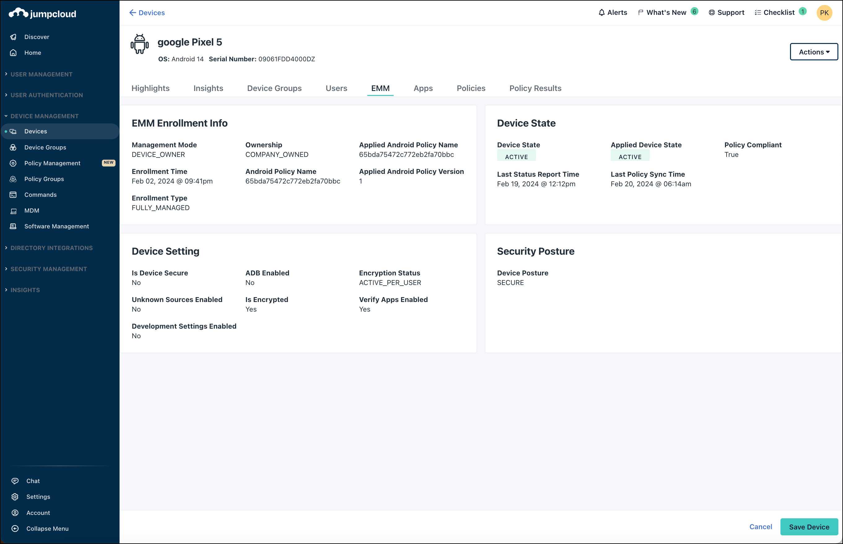 View the status of EMM enrollment on the device's EMM tab