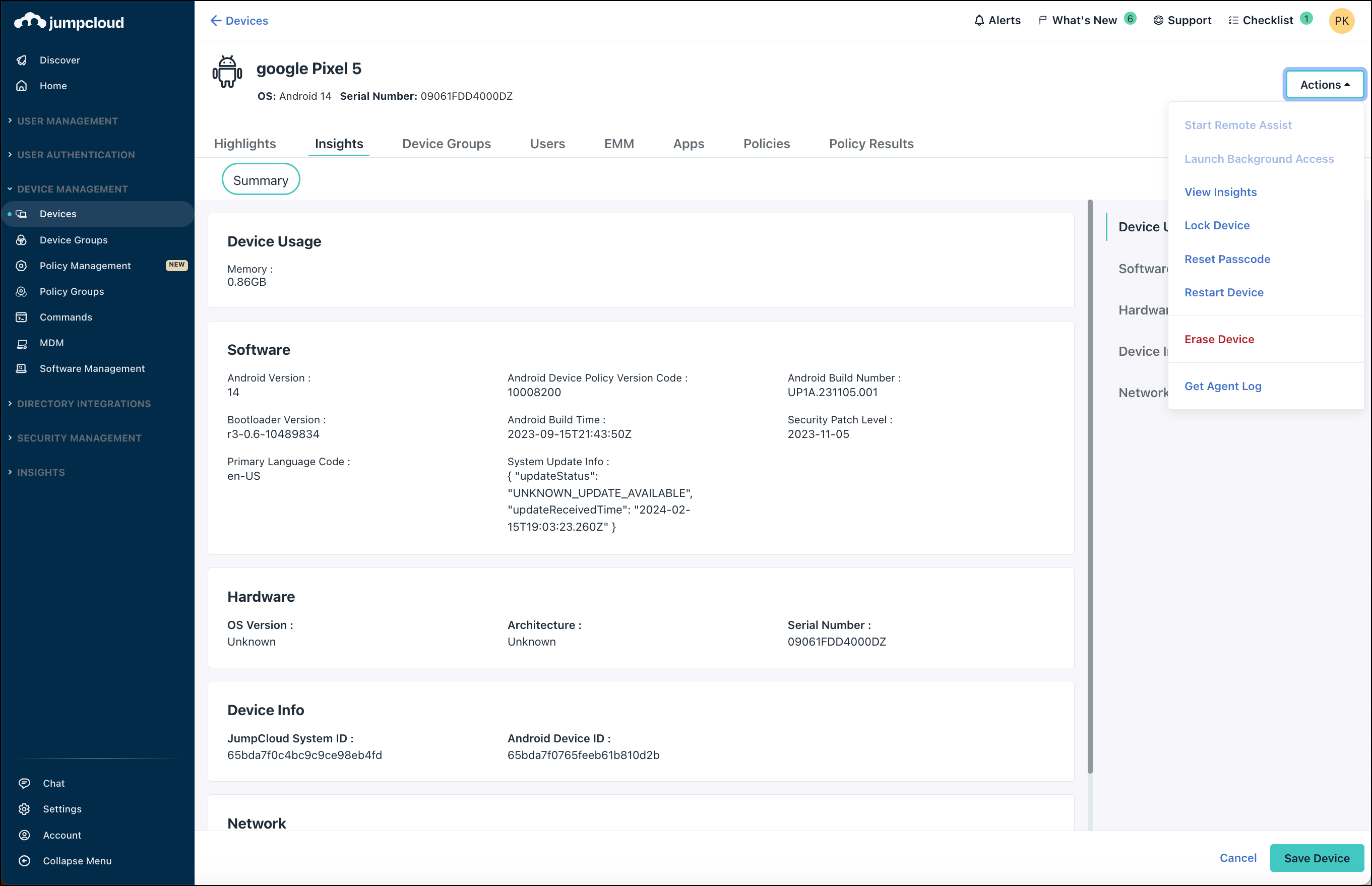 Access management controls from the Actions menu within the device page