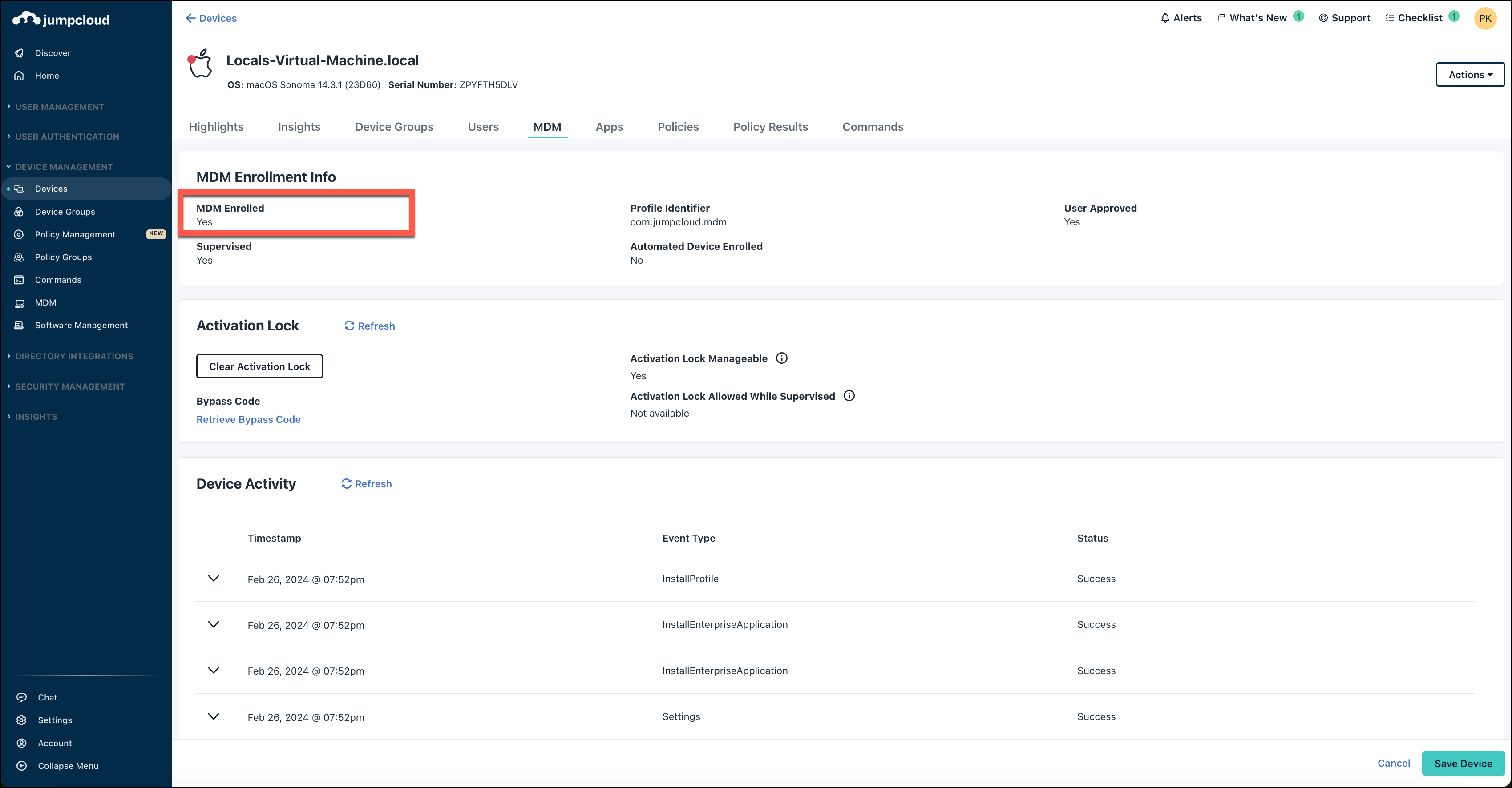 The MDM Enrolled entry on the device's MDM tab shows whether the device is enrolled in mobile device management