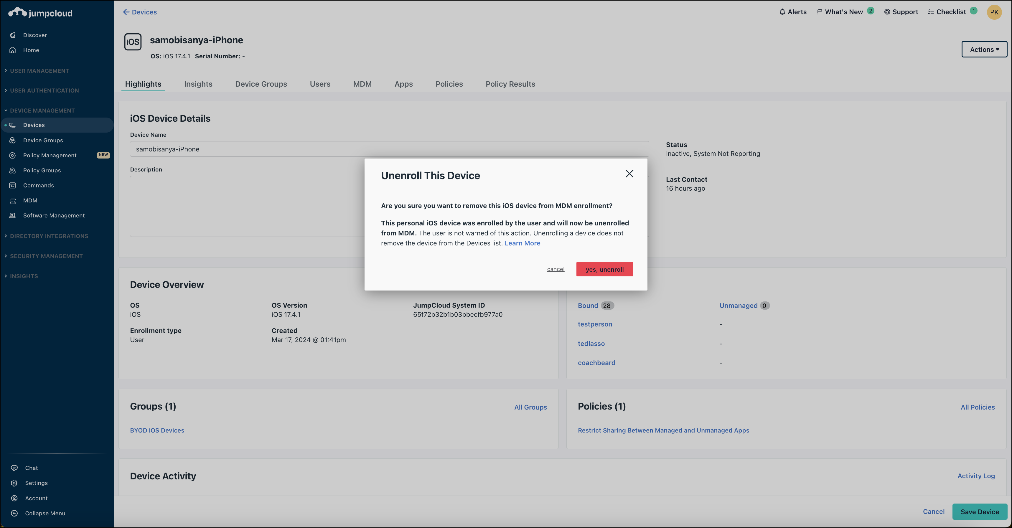 From the device Actions menu, select Unenroll Device. Select yes, unenroll from the confirmation modal 