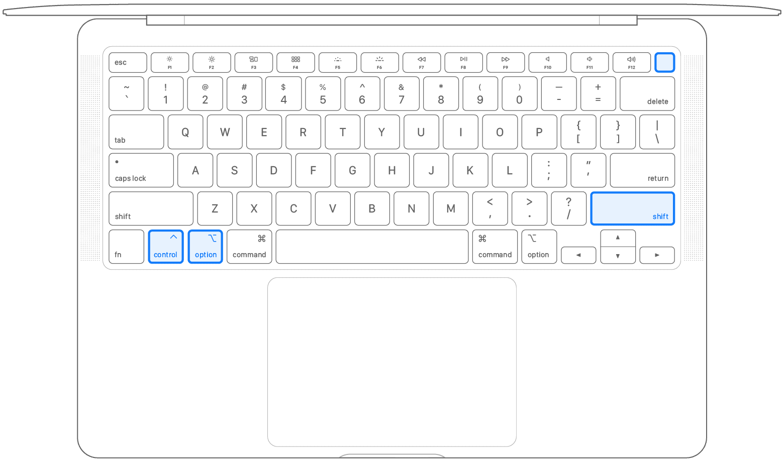 Mac keyboard showing Control+Option+Shift+Power button