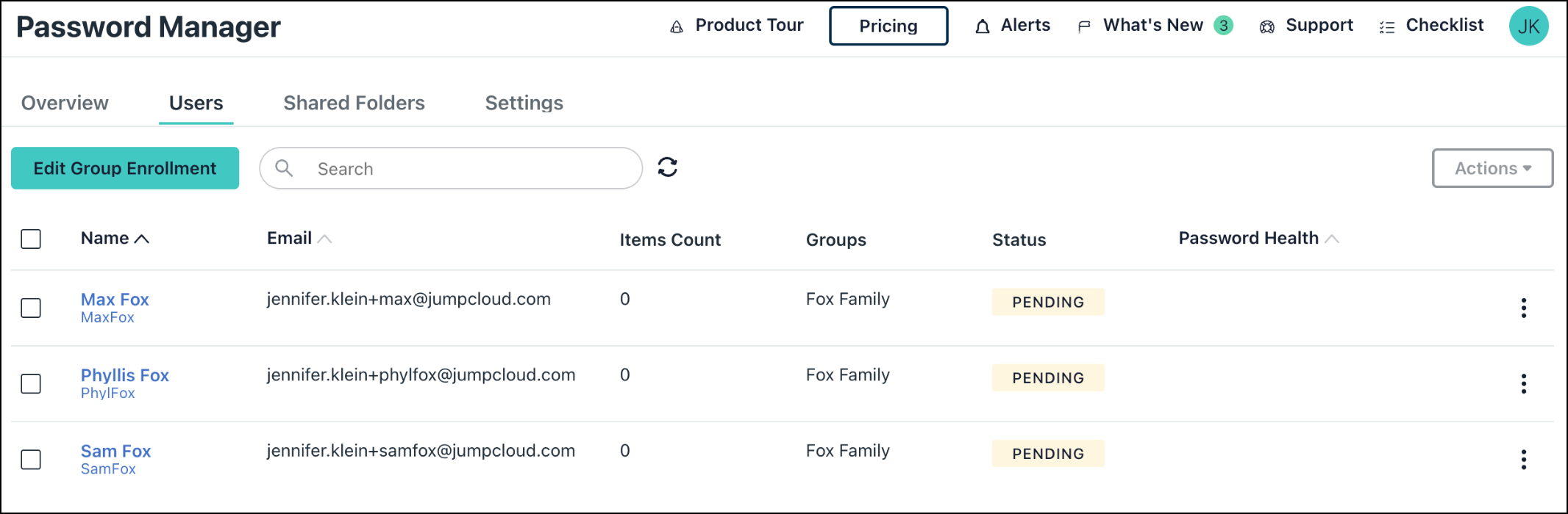 JumpCloud Password Manager Users tab listing enrolled users with their email addresses, groups, status, and password health indicators.