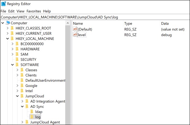 The debug level log setting for the AD Sync agent in the Windows Registry Editor.