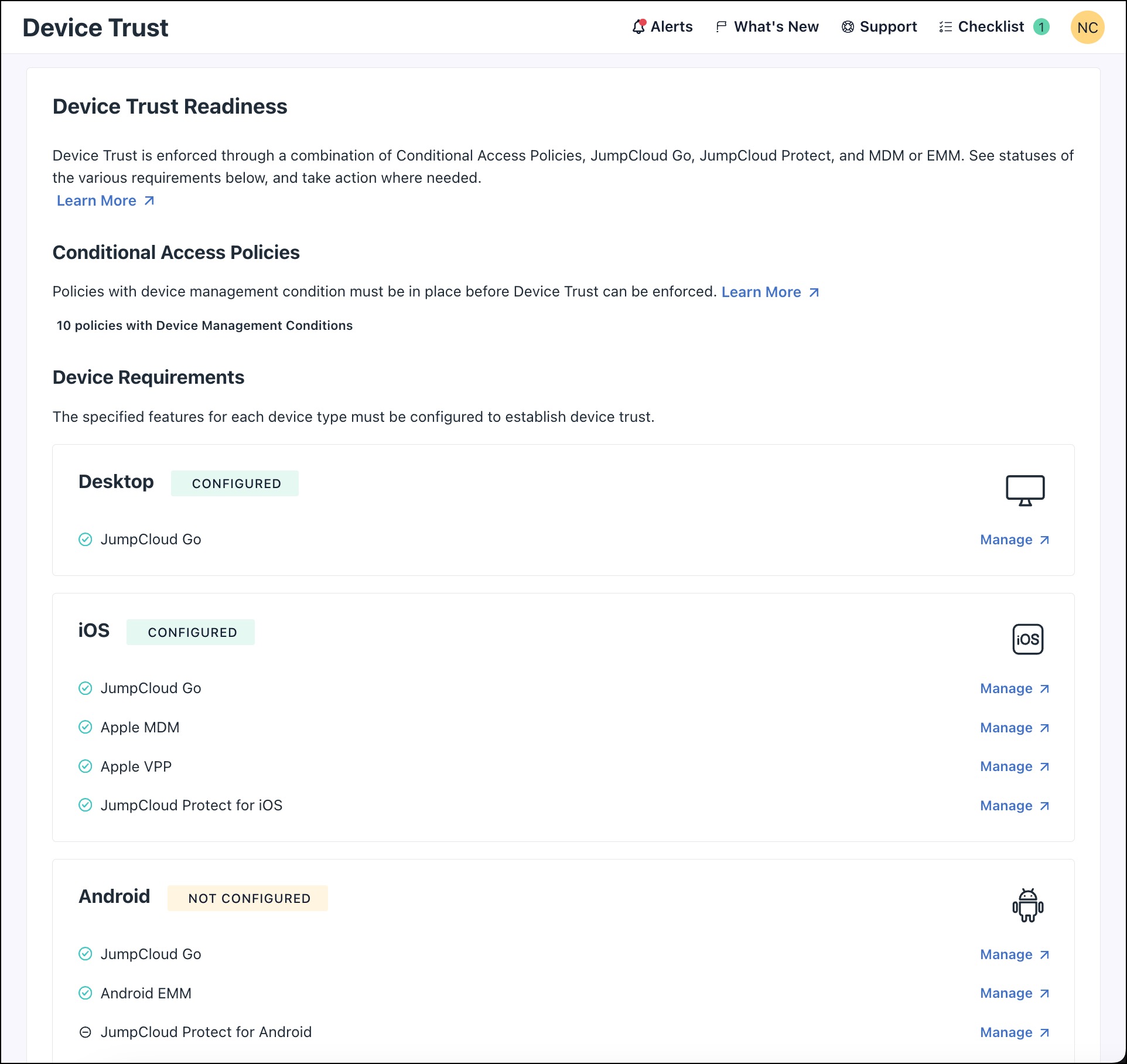 The Device Trust Readiness page in Security Management section of the Admin Portal. 