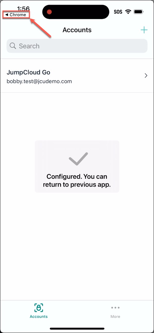In the top right of the JumpCloud Protect app, tap to return to the previous app to complete registration.