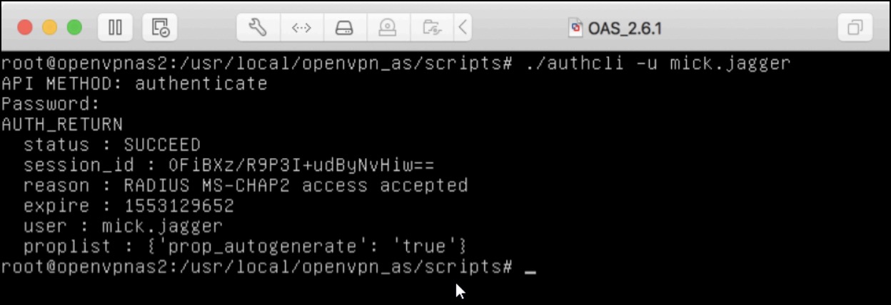 macOS terminal using the authcli commands to test OpenVPN authentication.