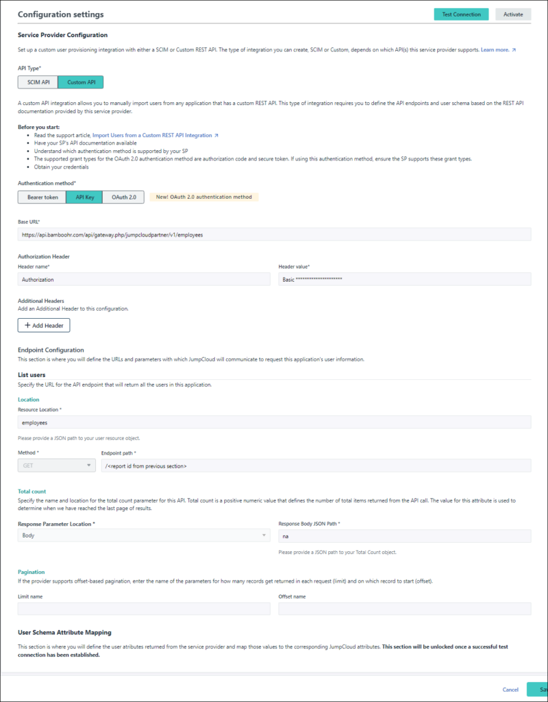 BambooHR custom SCIM configuration settings.