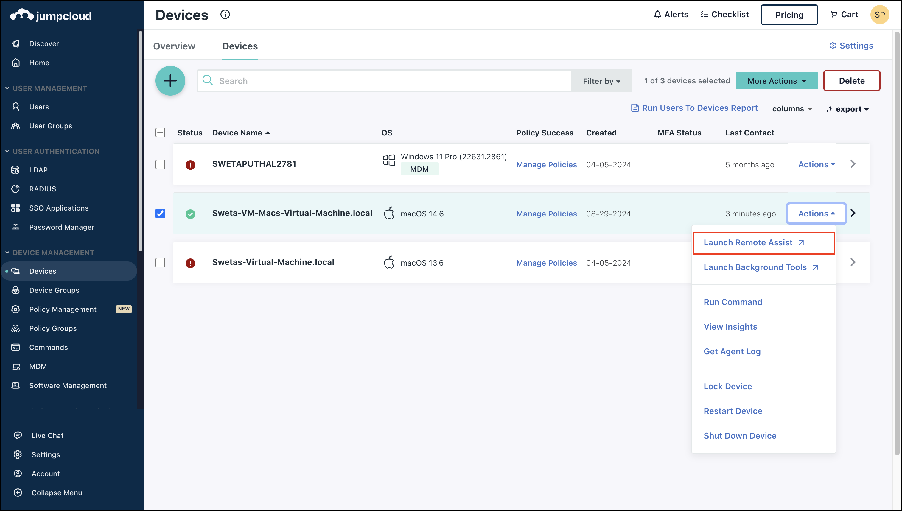 Image of Devices page with Launch Remote Assist highlighted