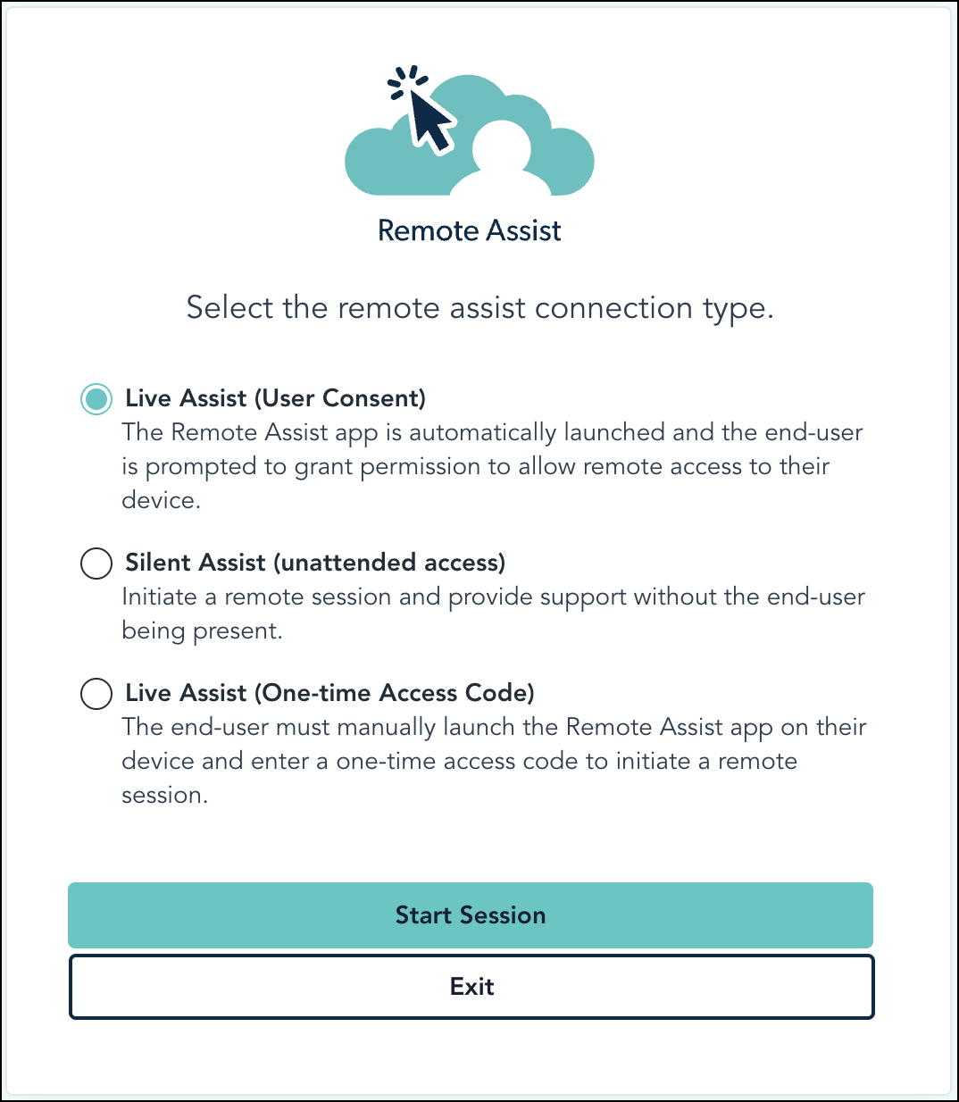 Image of Remote Assist popup with Live Assist option selected.