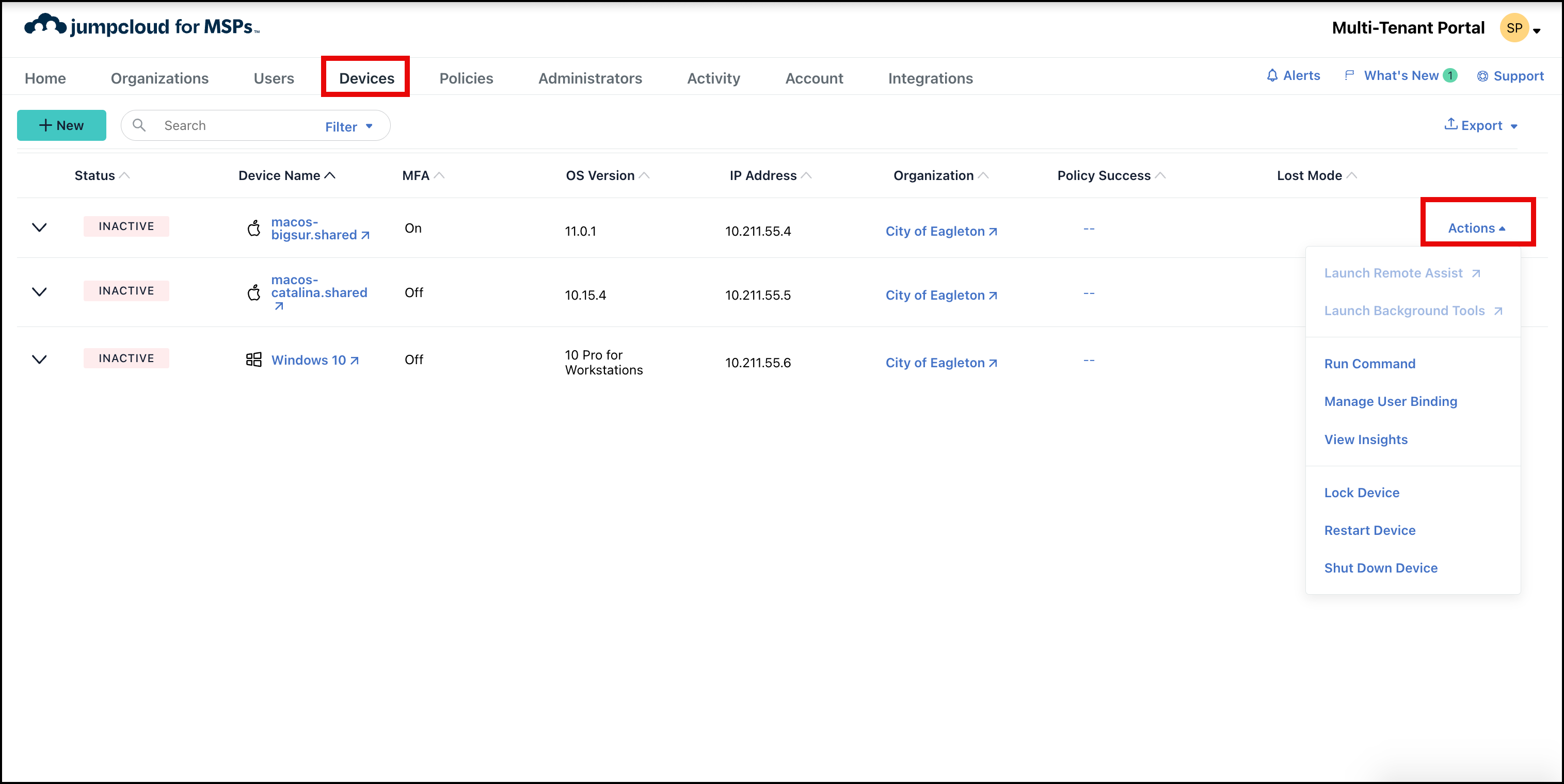 This image displays the options in Devices Tab of the MTP